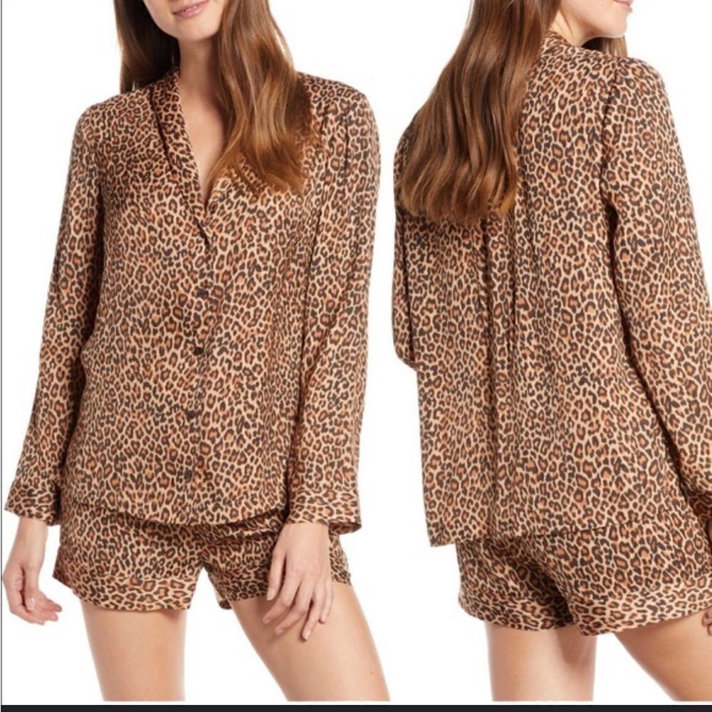 Something Navy Leopard Satin Pajama Short Set S